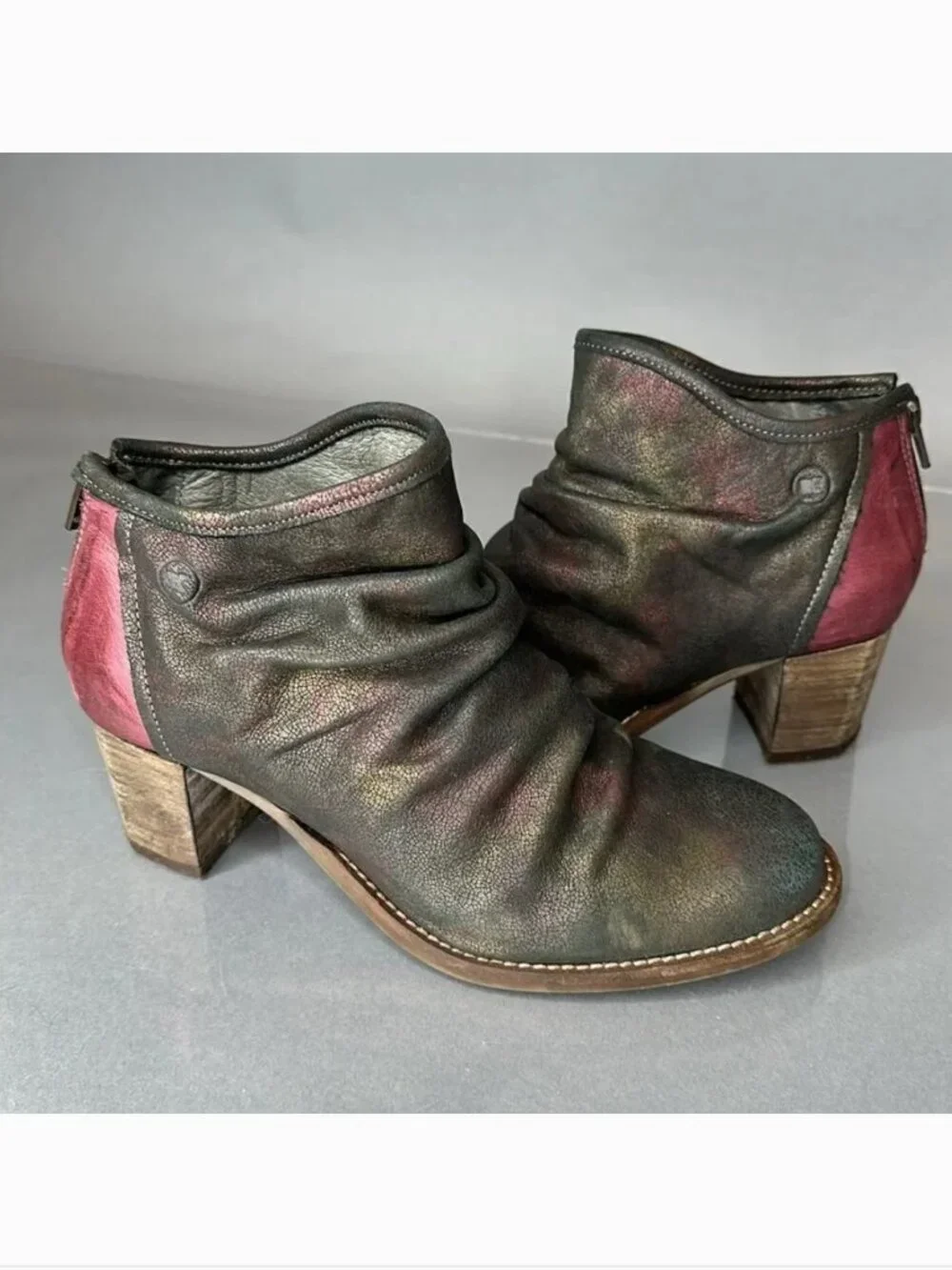 DKODE Ankle Boots Leather Metallic Distressed Pink Heel Size 37 US 6.5 (A-1503)
